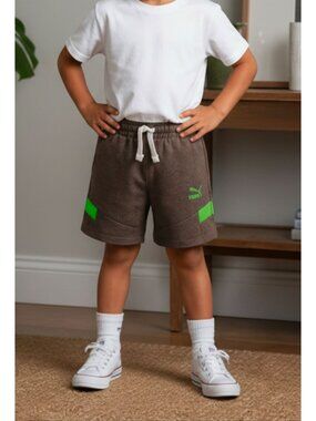 Puma Boys Brown & Neon Green Casual Shorts With Drawstring Waist Size 5 Cotton B